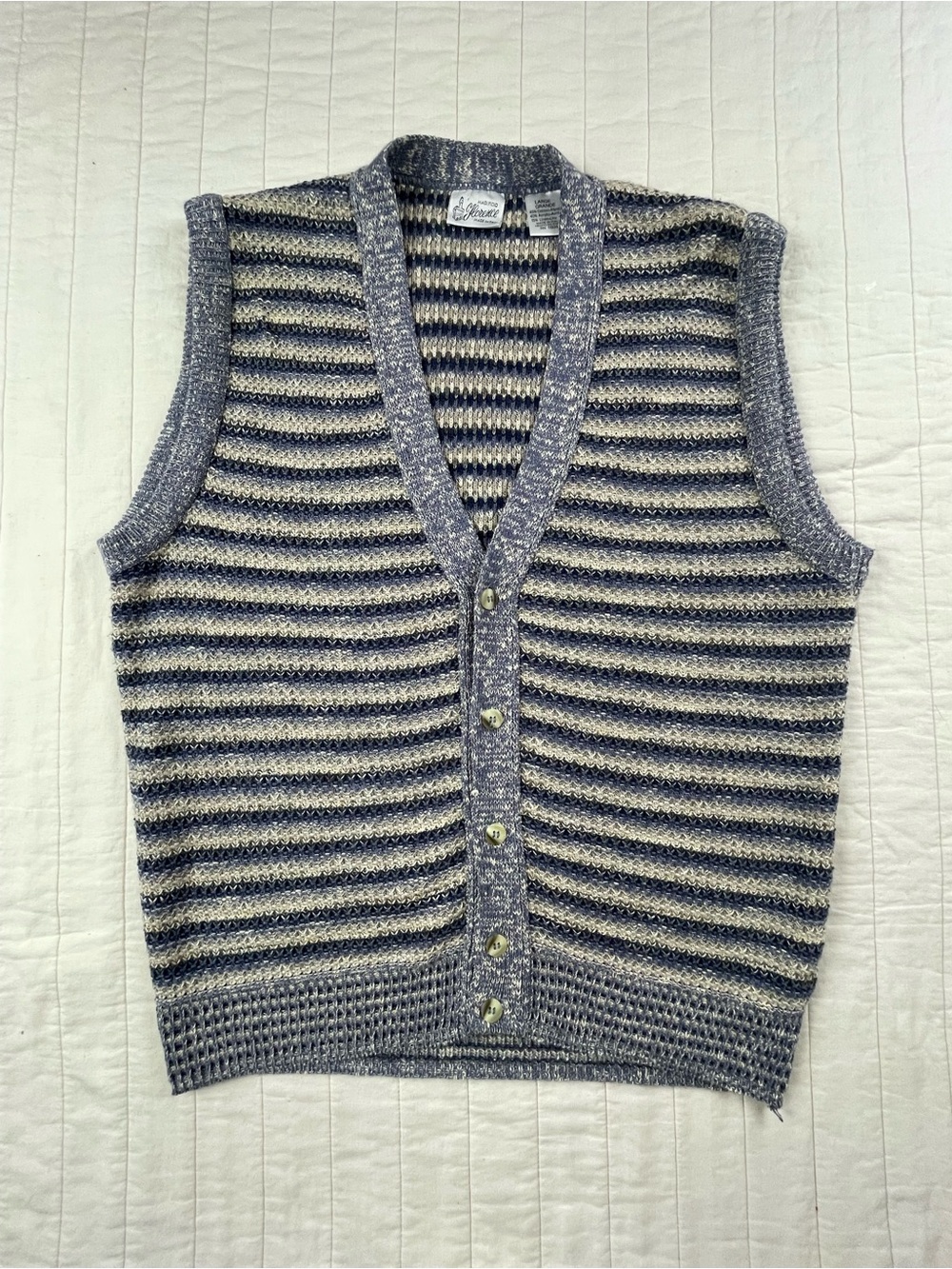Men’s Italian Striped Knit Button-Up Sweater Vest in Blue and Cream Large
